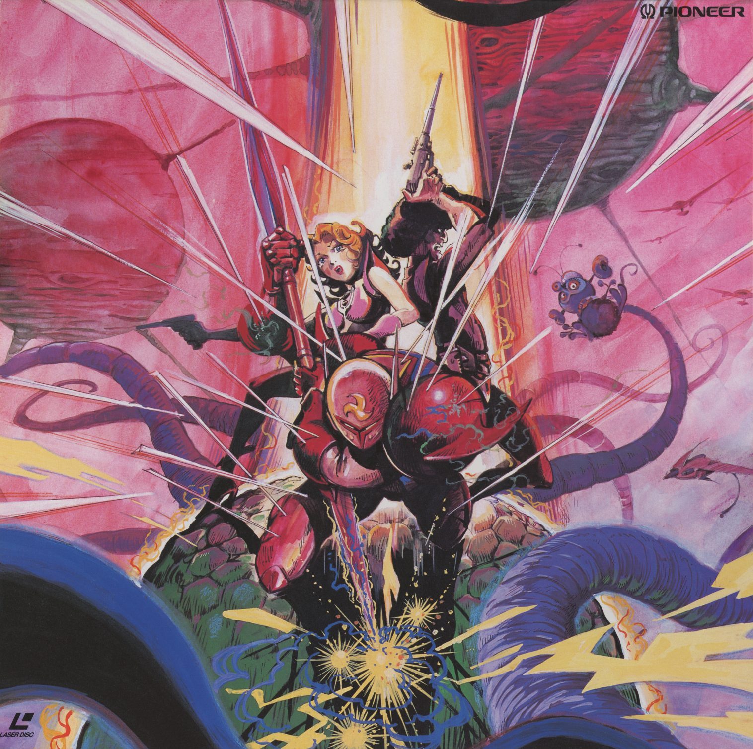 Box exterior — commissioned ensemble illustration. Tekkaman in battle alongside the female Space Knight, surrounded by alien tentacles and energy discharge. The packaging announces the whole set before any individual disc is opened. Pioneer LaserDisc logo top right, LaserVision mark bottom left.