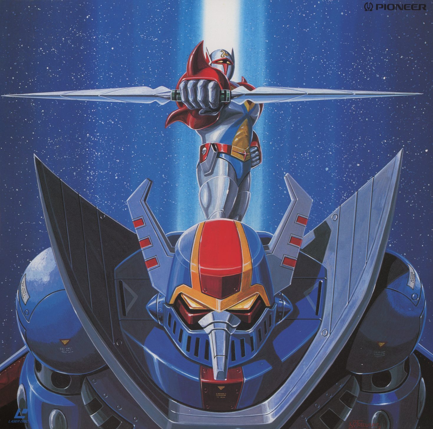 Disc 1 jacket — Kunio Okawara. Tekkaman standing atop Pegas against a starfield, lance extended, a beam of light rising behind him. Clean compositional geometry: the hero as the apex of his mech. Okawara's line is precise and aspirational — the illustration redraws the 1975 hero in the visual register of the Gundam era.