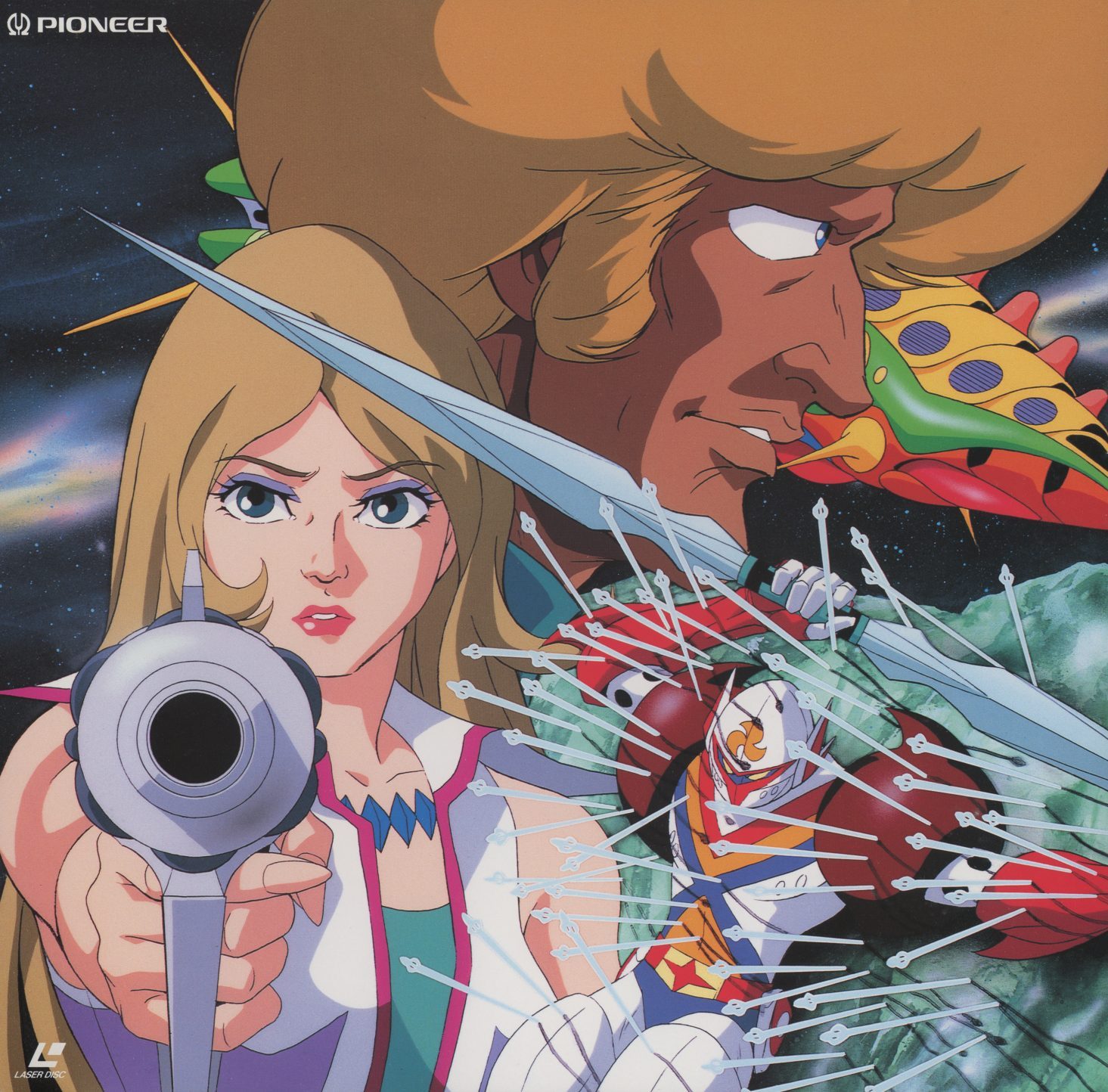 Disc 3 jacket — Suezen. Tight two-shot: a blonde woman in the foreground pointing a weapon directly at the viewer, a large-faced antagonist looming behind her, Tekkaman visible and under pressure in the deep background. The composition inverts the standard hero-forward layout — the supporting cast in front, Tekkaman in the distance.
