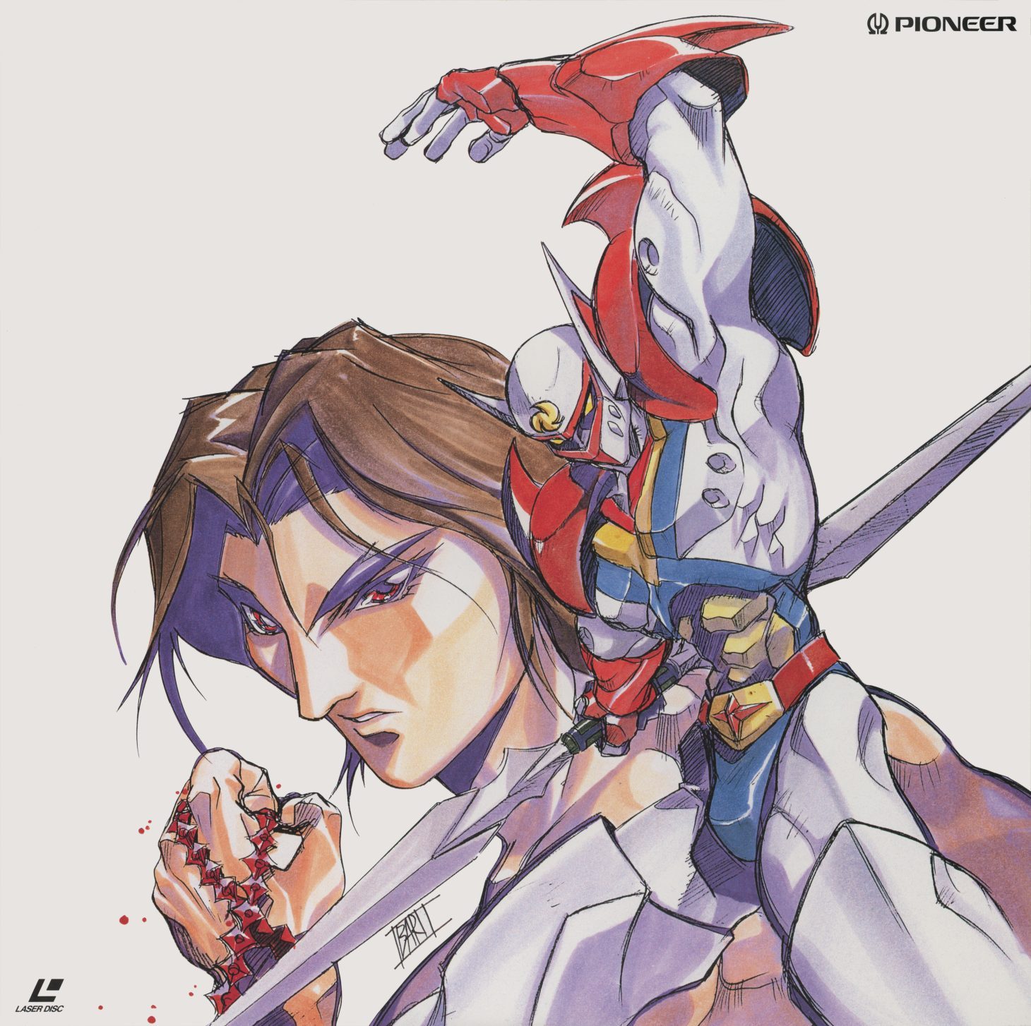 Disc 4 jacket — Masami Ōbari. The protagonist in his civilian identity, Tekkaman armor rendered as a small figure visible behind his shoulder. A character portrait rather than an action composition — the man and the armor held at a distance from each other. Signed at lower right.