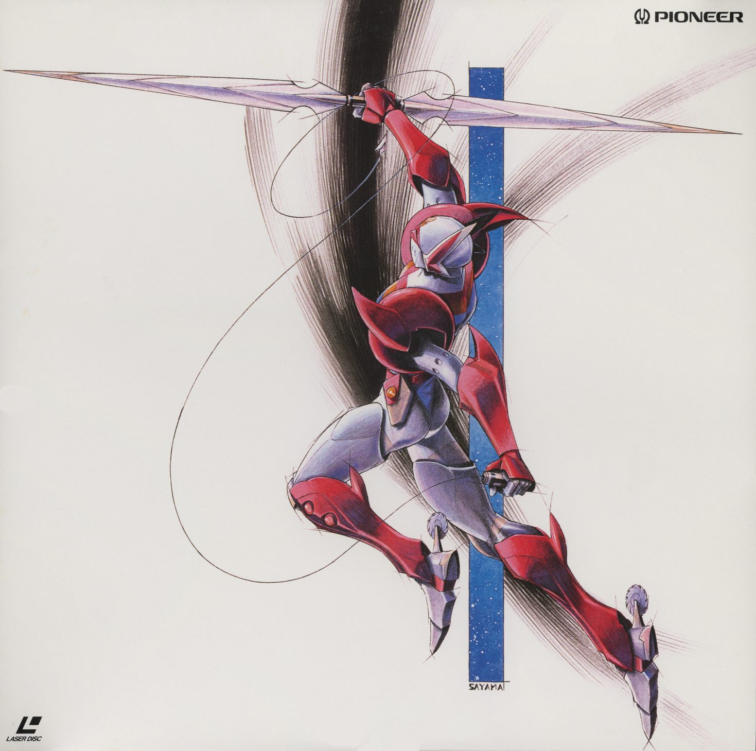 Disc 5 jacket — Yoshinori Sayama. Tekkaman in mid-flight diagonal against a white ground with a single vertical blue stripe — almost graphic design rather than illustration. The minimal ground gives the figure full weight. Signed "SAYAKA" lower right. The most formally restrained jacket in the set.