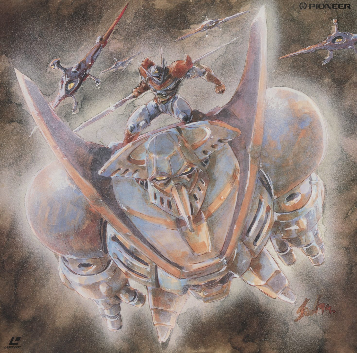 Disc 6 jacket — Hirotoshi Sano. Tekkaman and two smaller allied fighters attacking an enormous enemy mech rendered in bronze and shadow. Painterly atmospheric treatment — the enemy fills most of the frame, the heroes small against its scale. The most openly science-fiction illustration in the set.