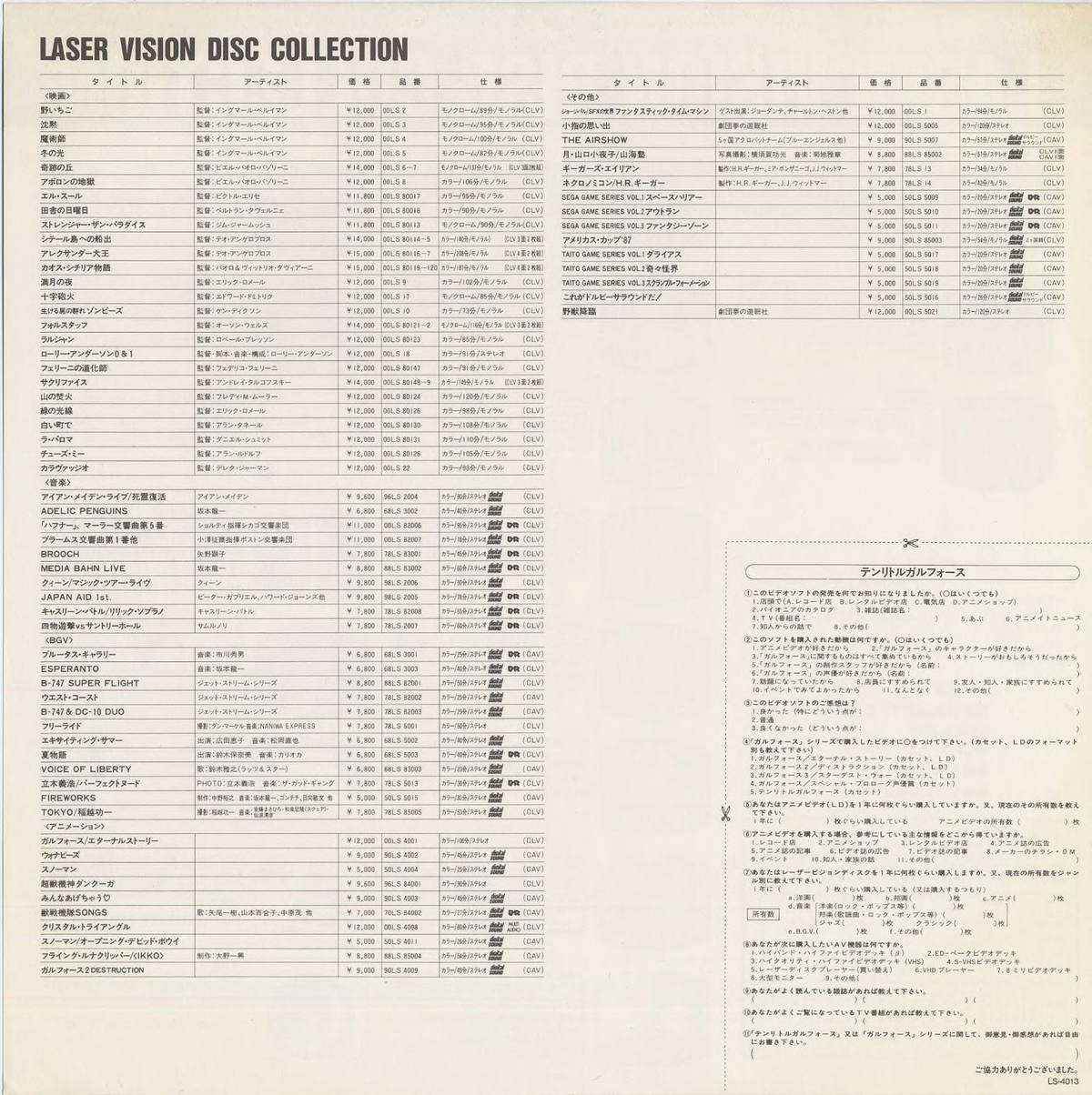SONY LASER VISION DISC COLLECTION insert, full price-list page. Sony Video Software, 1988. Four-column table (タイトル / アーティスト / 価格 / 品番 / 仕様) across 映画, 音楽, BGV, and アニメーション sections. アニメーション column lists all four Sony/Gall Force titles including テンリトルガルフォース. Lower right: テンリトルガルフォース reader questionnaire, seven questions on purchase channel, format preferences, and series familiarity.