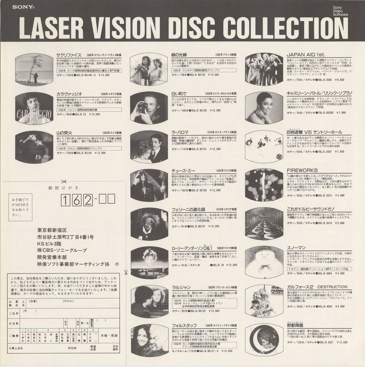 SONY LASER VISION DISC COLLECTION insert, image-catalog page. Sony Video Software, 1988. Thumbnail-format listing across film, music, and animation categories. Mail-order response card addressed to CBS・ソニーグループ 開発営業本部 映像ソフト事業部マーケティング係, 東京都新宿区市谷砂土原町2丁目4番1号 KSビル3階.