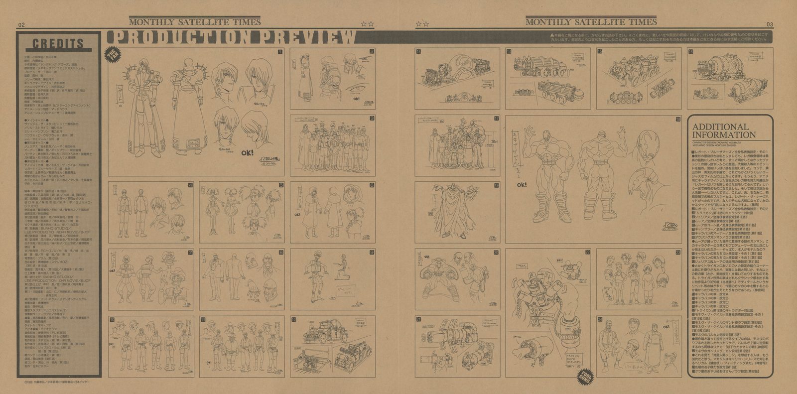 PRODUCTION PREVIEW — Stage 6, pages 2–3. Gung-Ho Guns character sheets — the assassins' full ensemble, each with costume variations and expression sets. Legato Bluesummers design notes. The production systematically documenting the threat that is assembling around Vash.