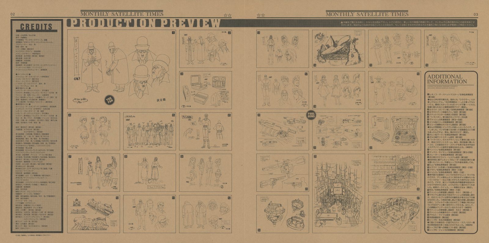 PRODUCTION PREVIEW — Stage 10, pages 2–3. Midvalley the Hornfreak settei, saxophone weapon specs, Gung-Ho Guns endgame character sheets. The production's catalogue of assassin designs running toward its conclusion.