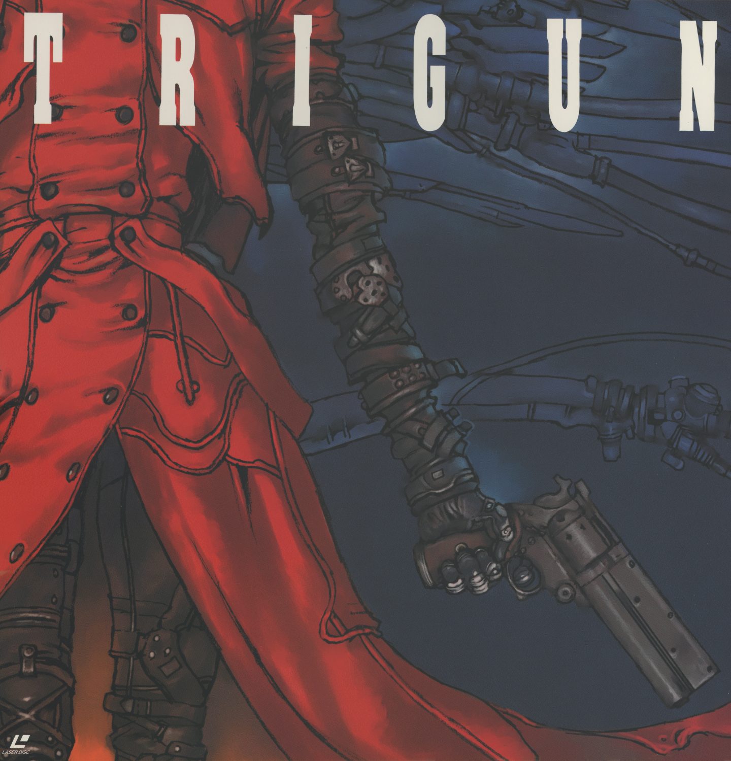 Slipcase back. Vash's red coat and mechanical arm against a deep blue-black ground, the revolver at his side. The composition mirrors the front panel — the same figure, darker palette, lower position. The slipcase opens from coat to dark sky.