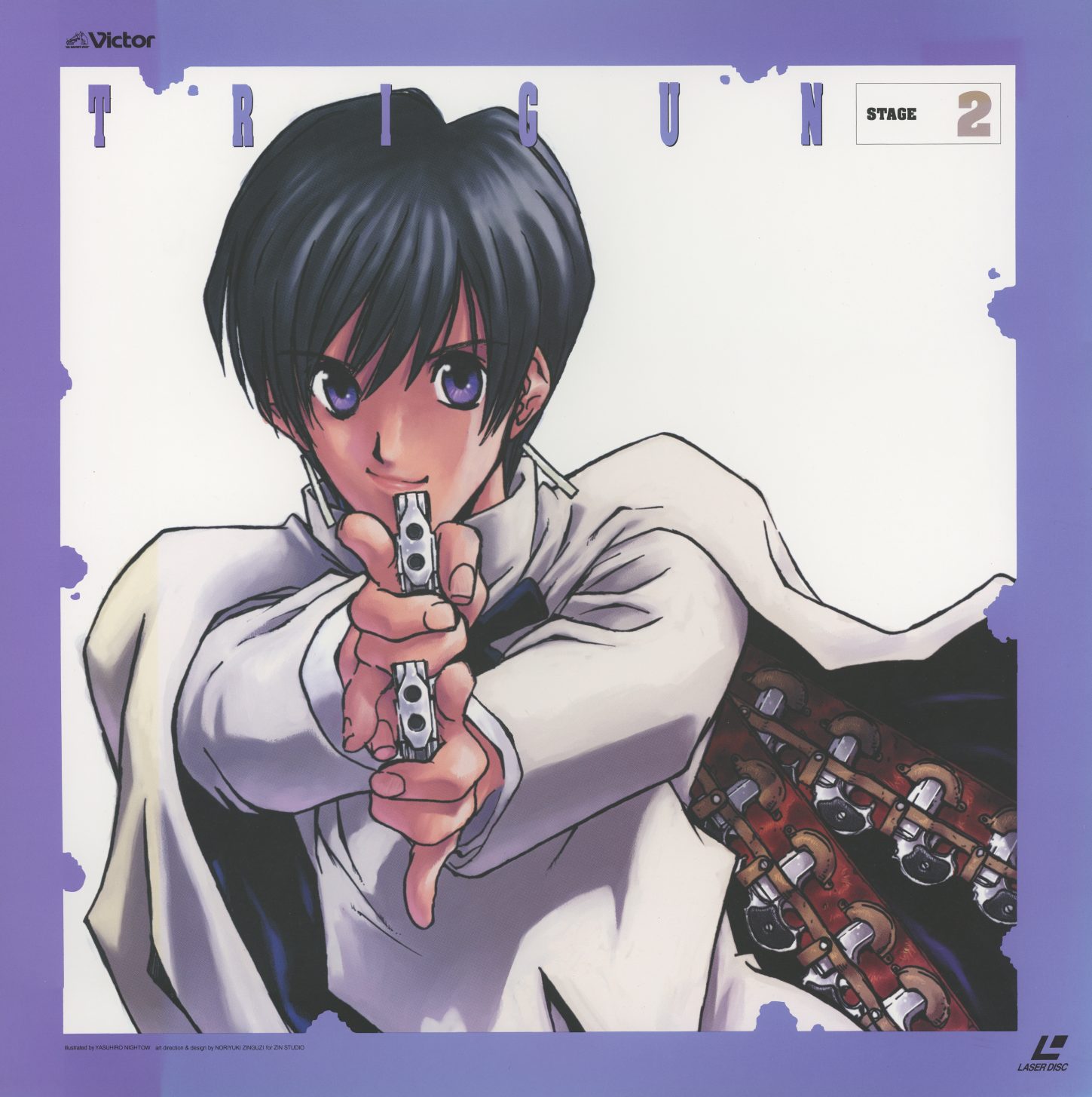 Stage 2 — Meryl Stryfe. Purple border. Bernardelli Insurance agent, derringer pointed at the viewer. The first character the series uses to observe Vash from the outside. JVLA-58022.