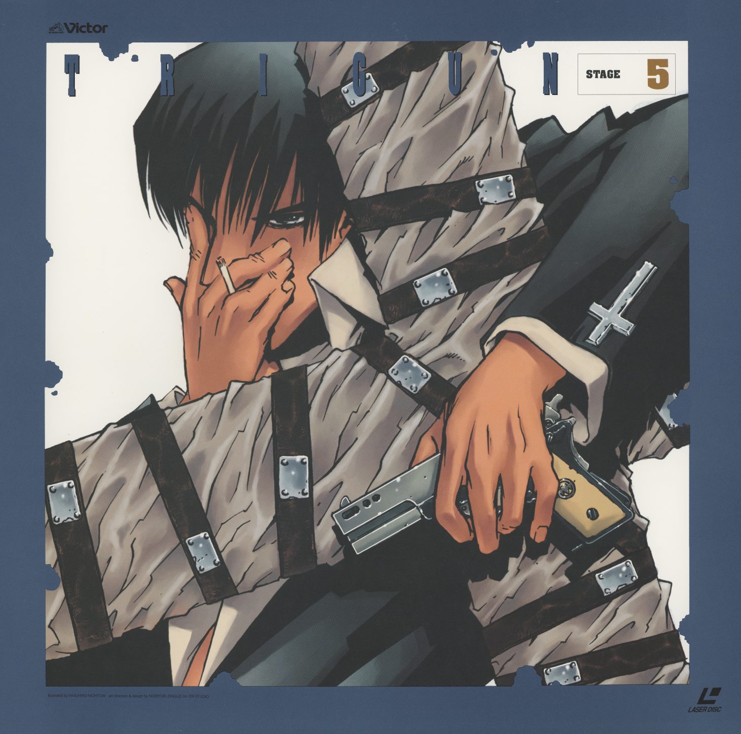 Stage 5 — Wolfwood again, now in civilian clothes, smoking, cross earring visible. Blue-grey border. A different side of the character — not the priest with the weapon, but the man underneath. JVLA-58025.