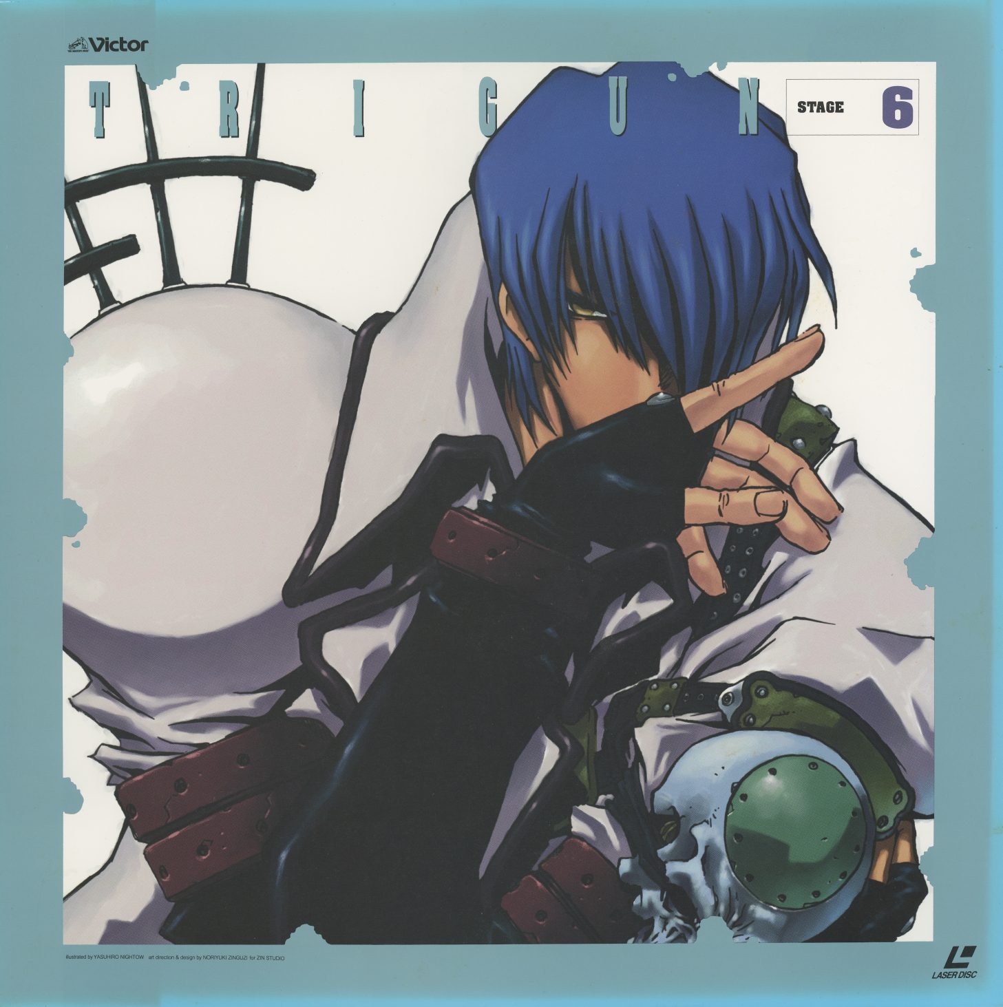 Stage 6 — Legato Bluesummers. Light blue border. The cross Punisher visible behind him, his artificial hand reaching toward the viewer. The series' first genuinely menacing presence. JVLA-58026.