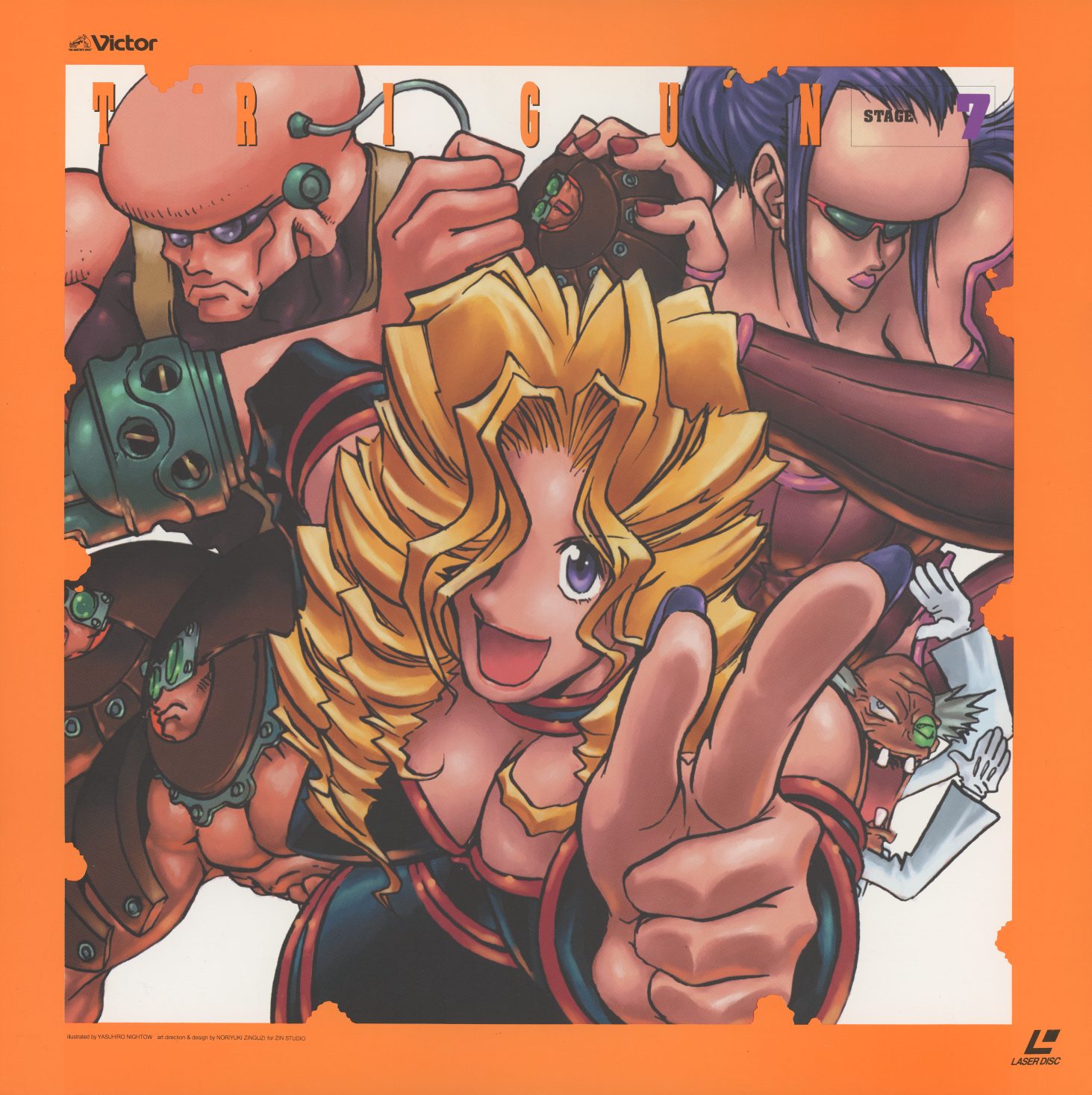 Stage 7 — the Gung-Ho Guns ensemble. Orange border. Vash at center (grinning, open-mouthed) surrounded by the assassins who will systematically dismantle the comedy around him. JVLA-58027.