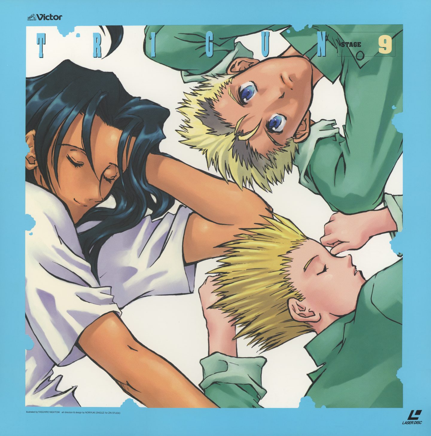 Stage 9 — Meryl, Wolfwood, and Vash lying together, eyes closed. Light blue border. The three companions at rest. The most intimate jacket in the set — no weapons, no action, no comedy. JVLA-58029.