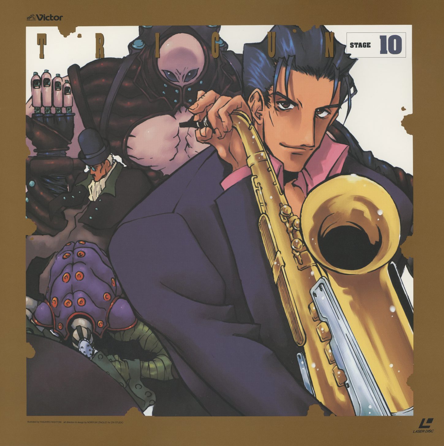 Stage 10 — Midvalley the Hornfreak with his saxophone-weapon, Gung-Ho Guns behind him. Dark gold border. The assassin who weaponized jazz. JVLA-58030.