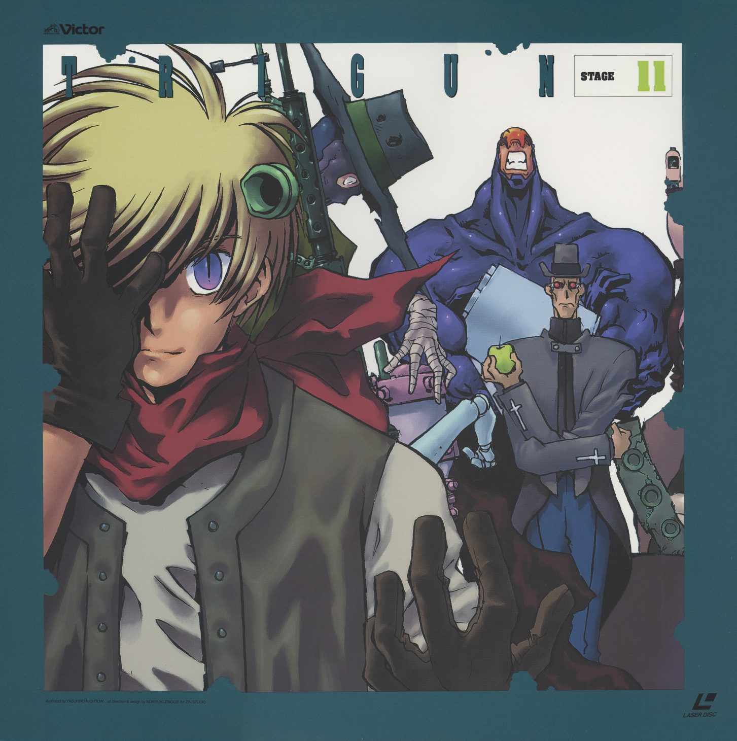 Stage 11 — Vash in his damaged coat, red scarf, the remaining Gung-Ho Guns looming behind. Teal border. The palette has darkened permanently. JVLA-58031.