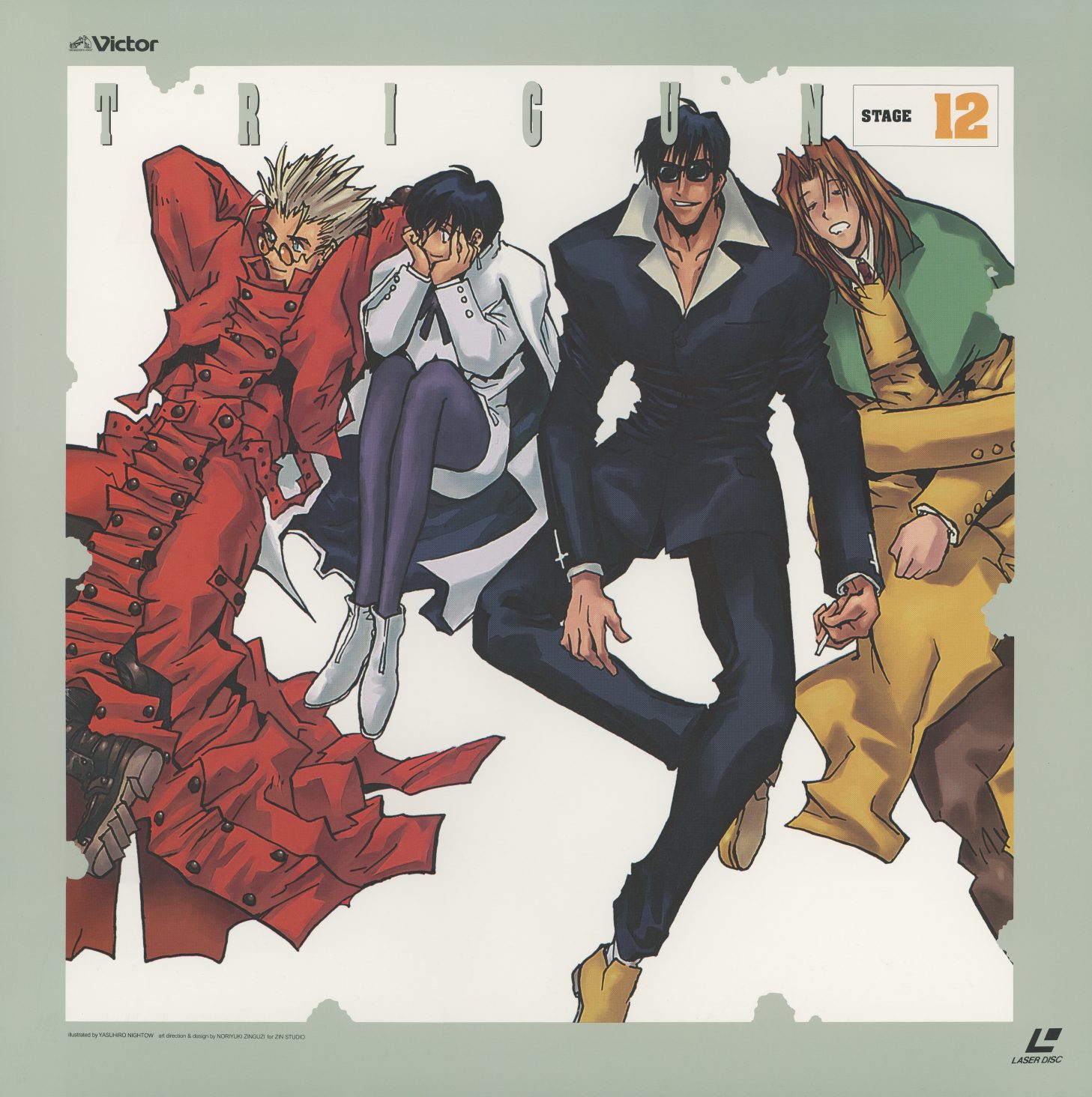 Stage 12 — the full main cast walking together: Vash, Meryl, Wolfwood, Milly. Sage border. The only ensemble jacket. The last time the four share a frame. JVLA-58032.