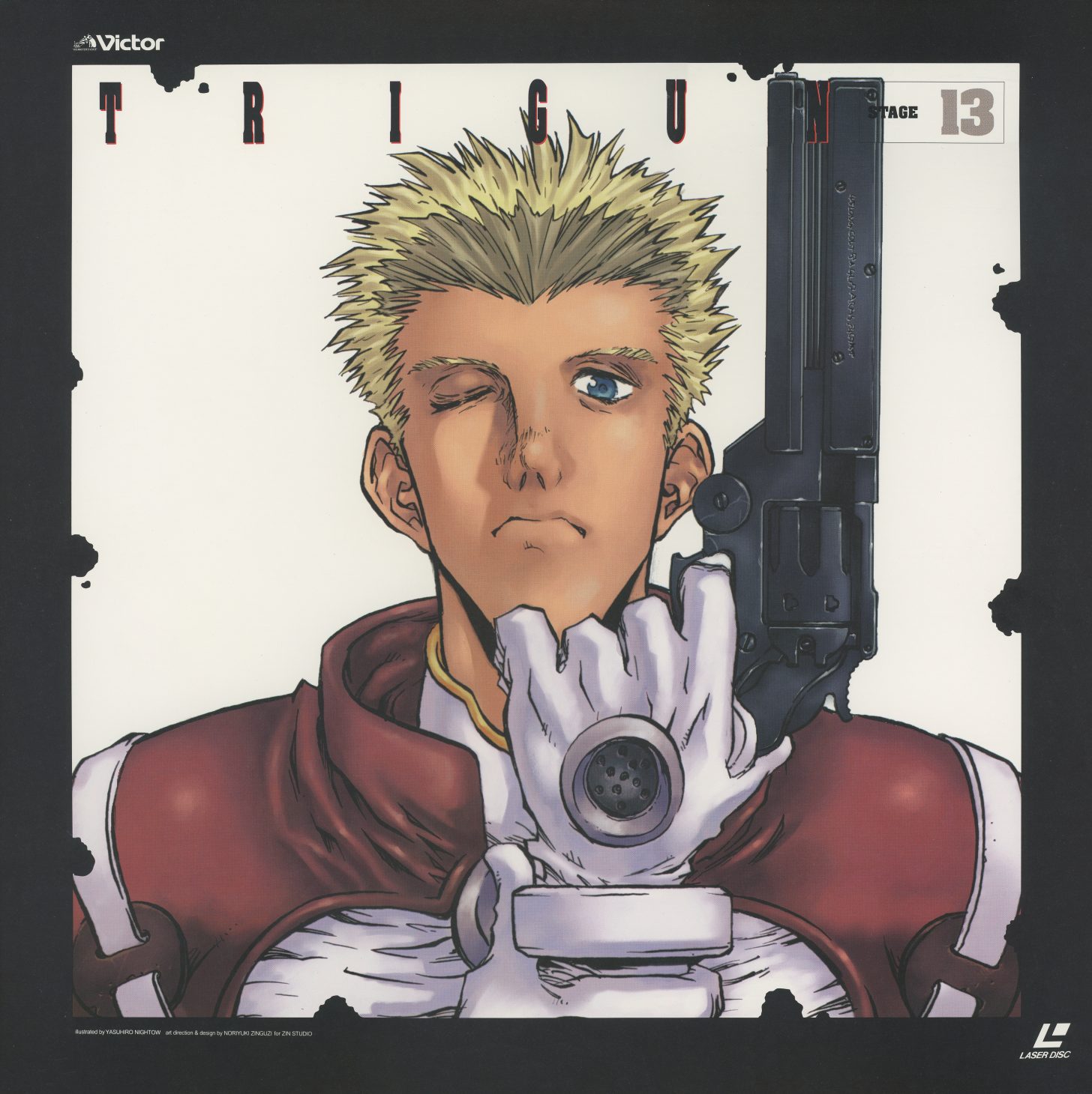 Stage 13 — Vash the Stampede. Black border. Revolver aimed directly at the viewer. One blue eye visible, hair flattened, red coat replaced by dark leather. The same character as Stage 1. Not the same person. JVLA-58033.