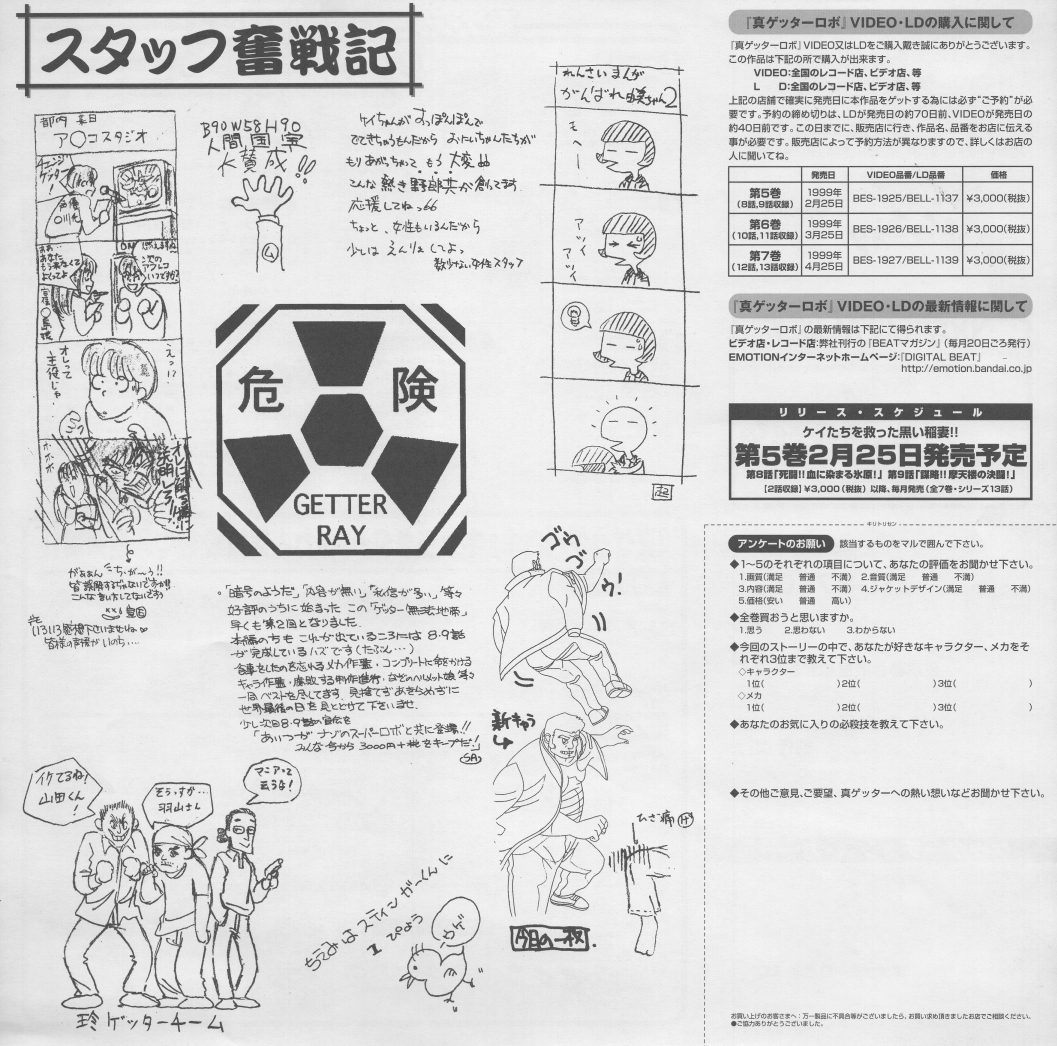 Volume 4 diary. A hand-drawn '危険 GETTER RAY' radiation warning sign — the Getter Ray joke taped to the office door. Release schedule for Volume 6 noted in the margins.