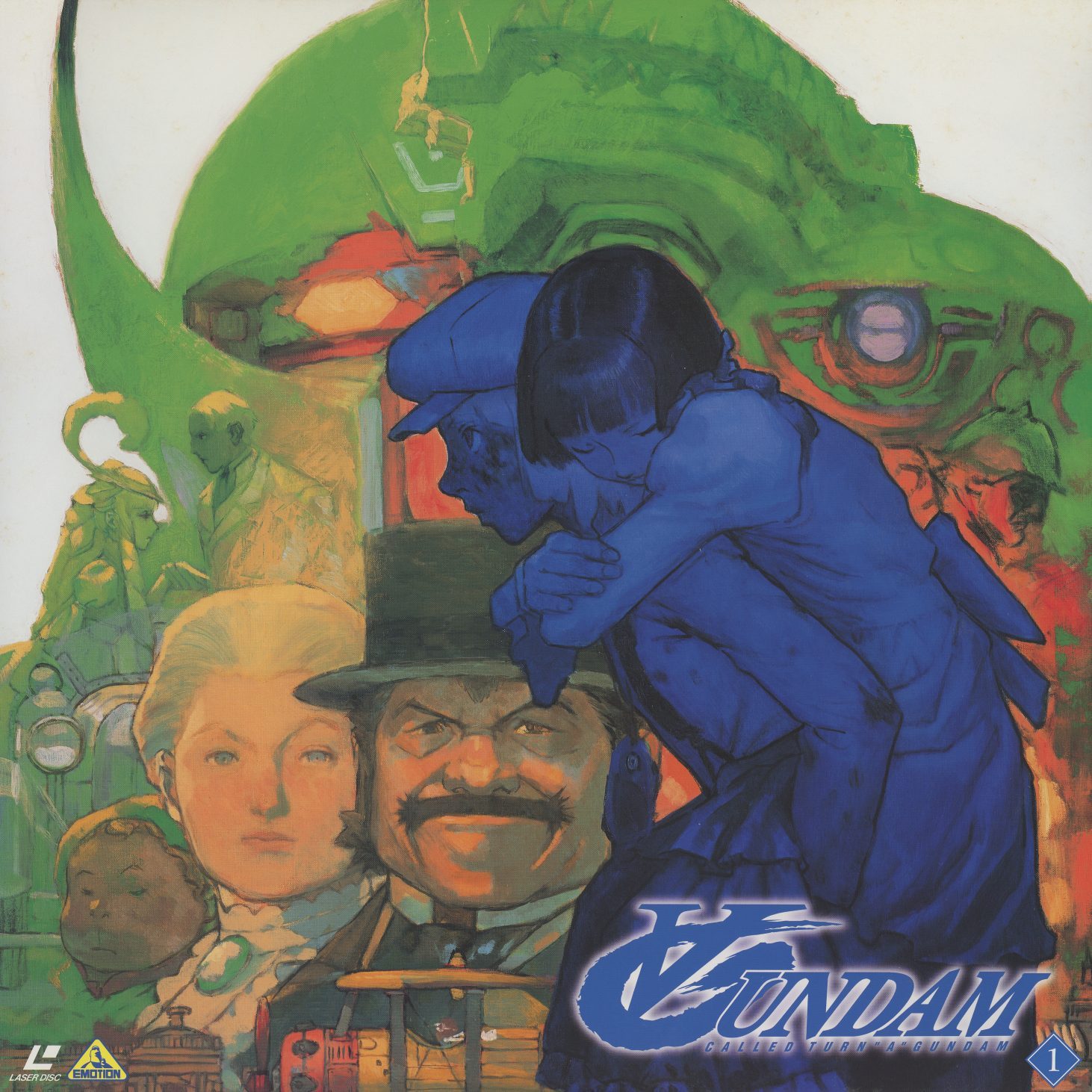 Disc 1 jacket — Akira Yasuda. Loran Cehack bows toward the Heim family — the wealthy Earth family he has worked for, the people who became his family — as the Turn A looms in lime green behind them. The machine is barely a machine here. It is a presence in the background while humans occupy the foreground. This is the show.