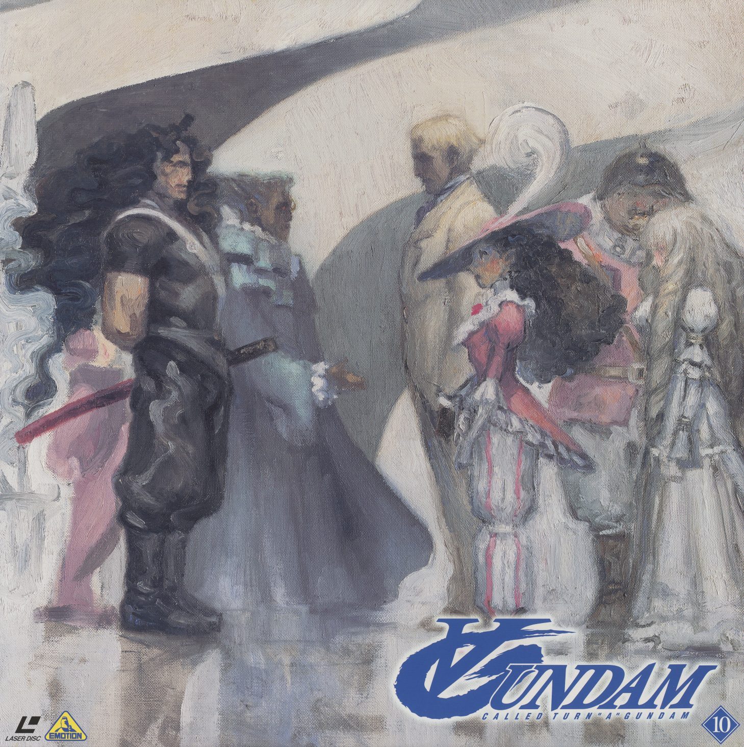 Disc 10 jacket — Akira Yasuda. Guin Sard Lineford — the show's elegant, morally flexible political operator — stands with a group of formally dressed figures against a pale ivory ground. A society portrait. No mech, no battle, no action. Yasuda painted the show's antagonist as a subject for Sargent.