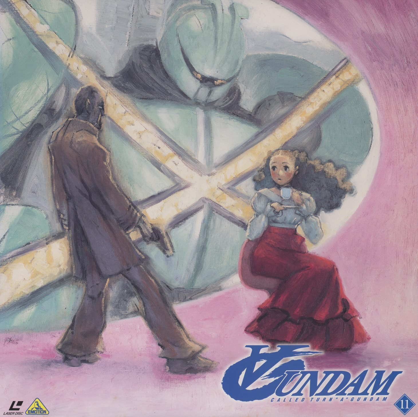 Disc 11 jacket — Akira Yasuda. Loran and Diana face each other against the circular face of the Turn A, its beam sabers crossed behind them. The mech is finally centered — but as backdrop and halo, not as weapon. The machine as icon.