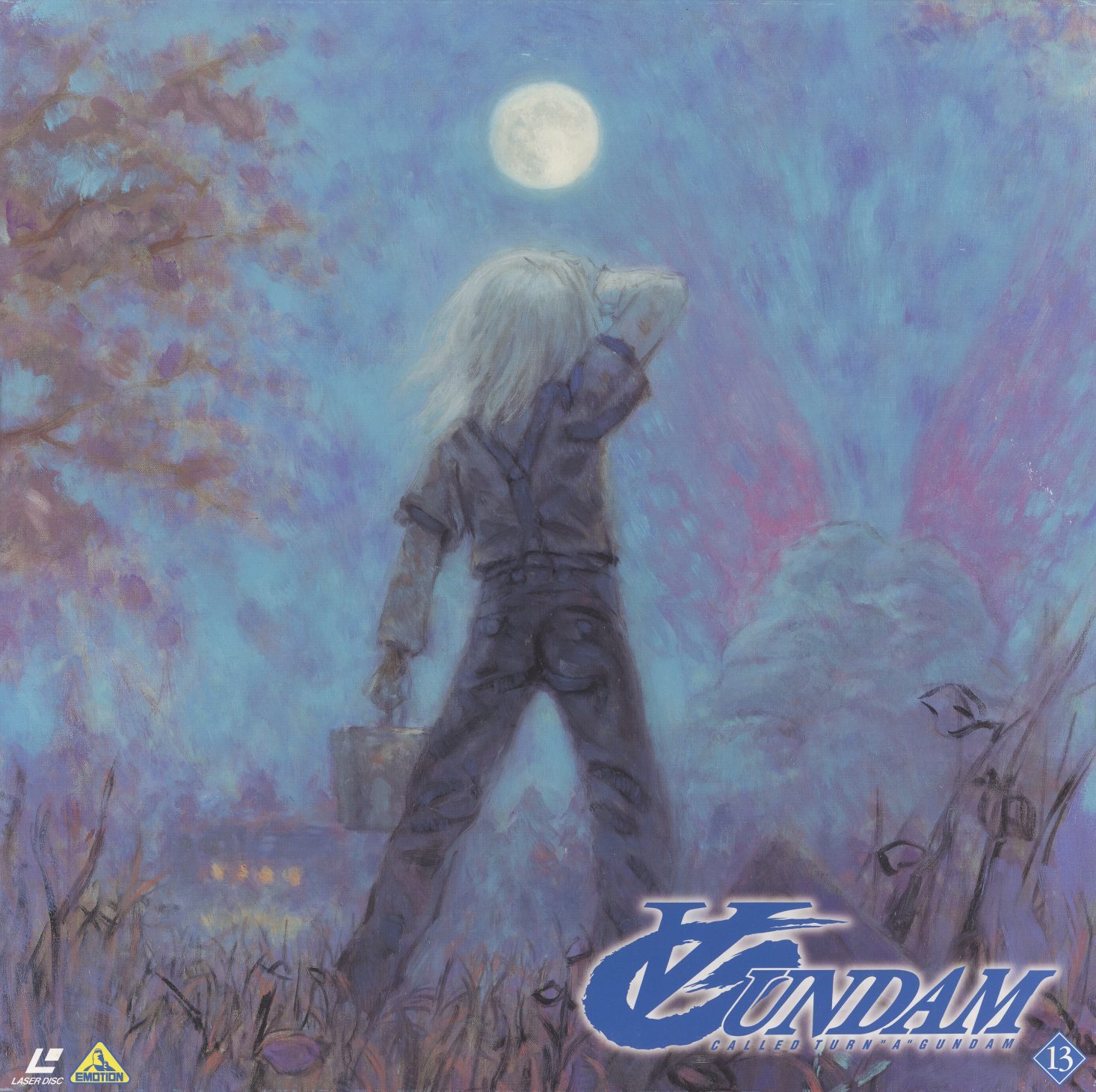 Disc 13 jacket — Akira Yasuda. A figure stands alone in an autumn field, back to the viewer, looking up at a full moon. Blue-violet night. Trees in colour at the left edge. A briefcase in hand. No mech. No enemy. The series ends here, and the jacket for the final disc is a painting about standing outside at night and looking up.