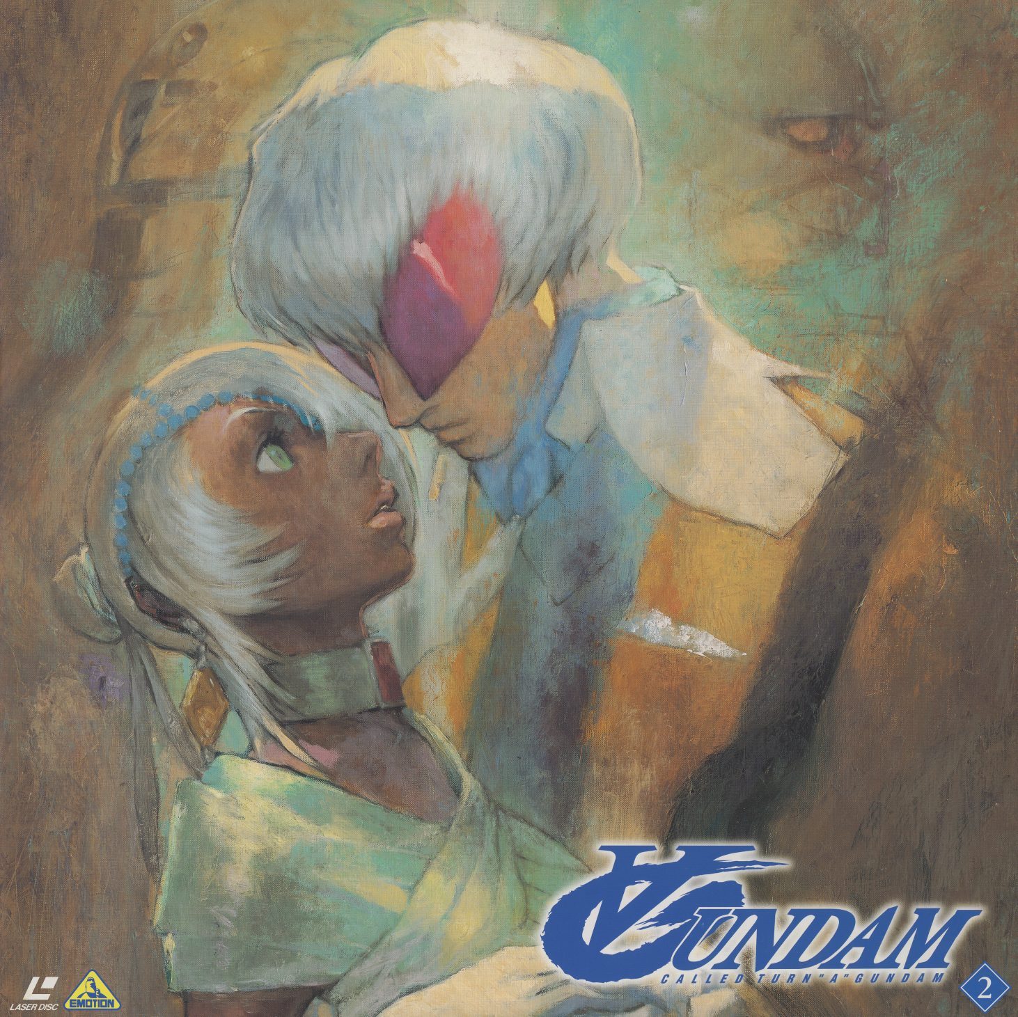 Disc 2 jacket — Akira Yasuda. Fran Doll looks up at Loran from below, faces almost touching, rendered in burnt sienna and warm shadow. A Renaissance portrait composition. The Turn A is not in the frame. The mech isn't the subject of this disc. The people are.