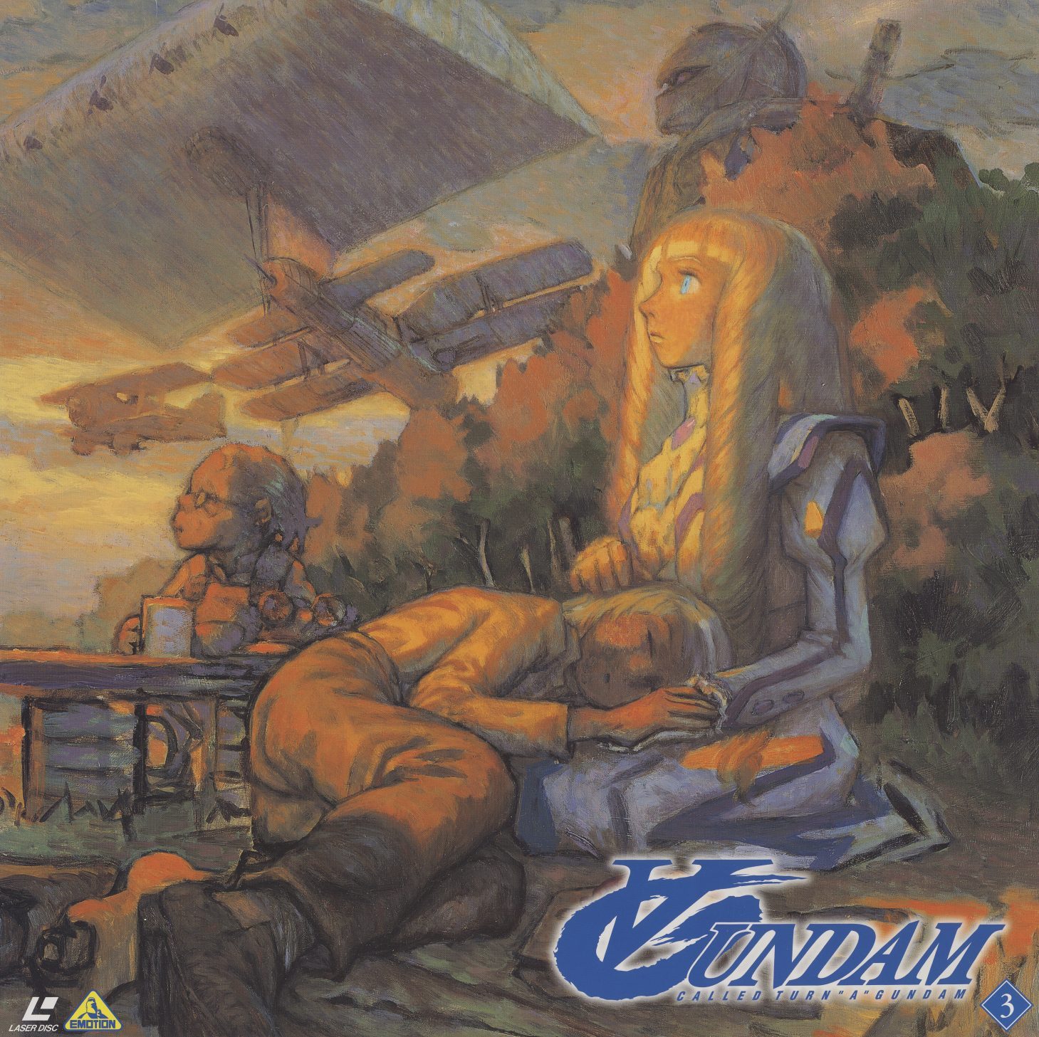 Disc 3 jacket — Akira Yasuda. Diana sits beside a sleeping Loran in golden afternoon light, biplanes crossing an amber sky above them, the Turn A barely discernible as a ruin among the trees in the background. The painting is about the quality of a specific time of day.