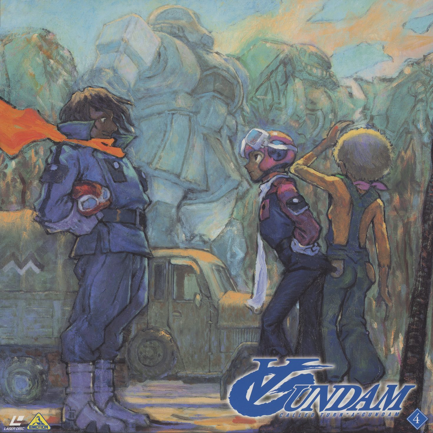 Disc 4 jacket — Akira Yasuda. Three figures on a street — a man in an orange scarf, two younger characters — with the Turn A Gundam reduced to grey background architecture, as solid and unremarkable as a building. An Impressionist street scene in blue and brown.