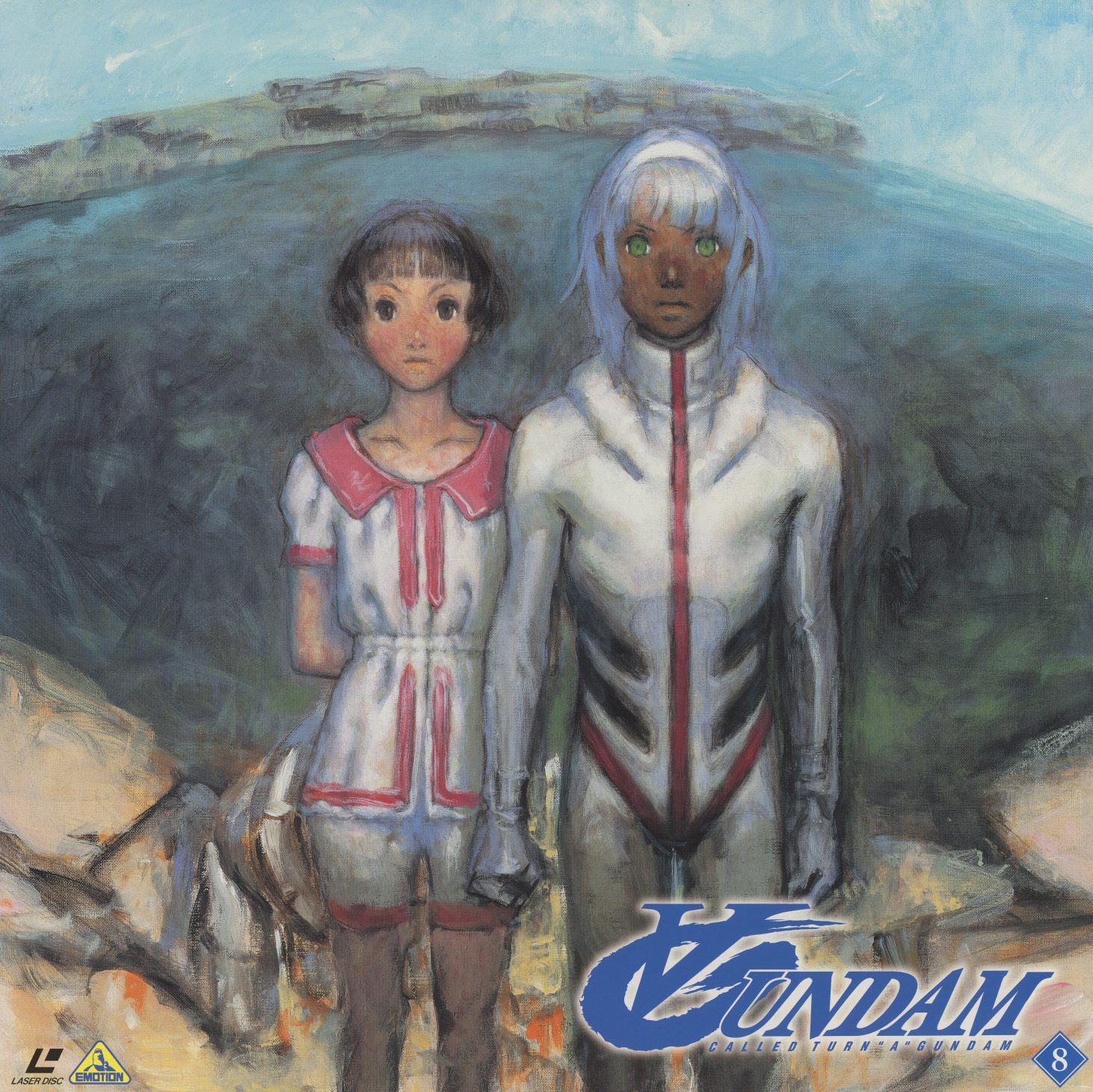 Disc 8 jacket — Akira Yasuda. A girl in a white dress and a slender figure in a white spacesuit stand side by side on coastal rocks, the grey sea behind them. Still. Quiet. The kind of painting that is entirely about weather and posture.