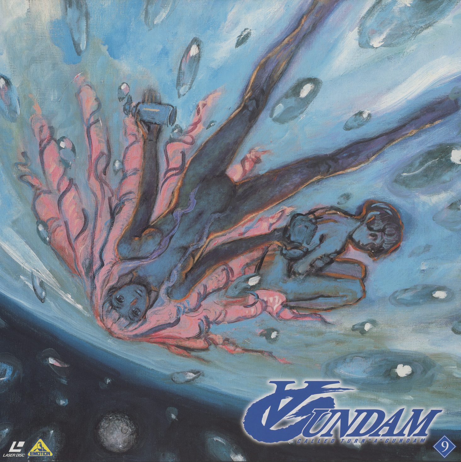 Disc 9 jacket — Akira Yasuda. Two or three figures falling through water or atmosphere, surrounded by bubbles and droplets, limbs loose, eyes closed. Blue everywhere. The painting operates in the register of Millais' Ophelia — beautiful submission, no urgency.