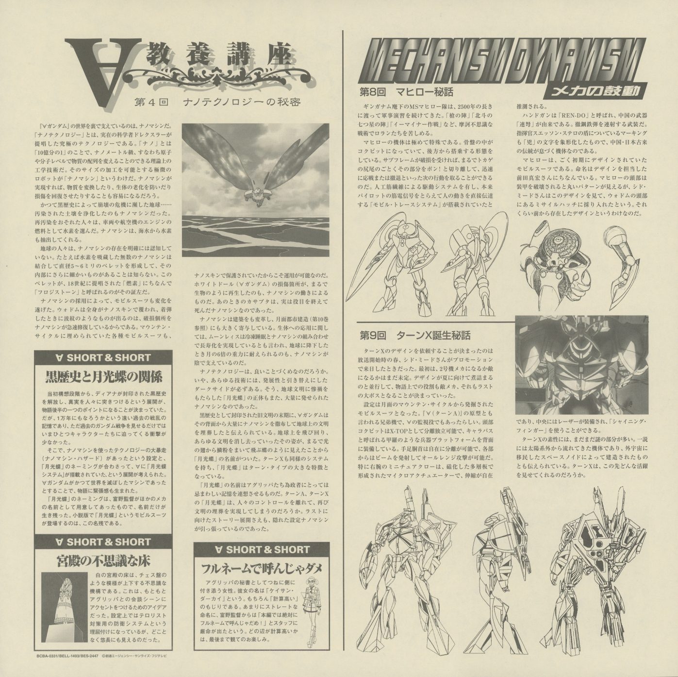 Turn A Journal Volume 11 interior — ∀教養講座 第4回: ナノテクノロジーの秘密 (The Secret of Nanotechnology); MECHANISM DYNAMISM 第8回: マヒロー秘話 and 第9回: ターンX誕生秘話 (The Secret Birth of Turn X). Two consecutive MECHANISM DYNAMISM installments — the journal accelerates its mecha coverage in the final arc as Turn X finally becomes the subject.