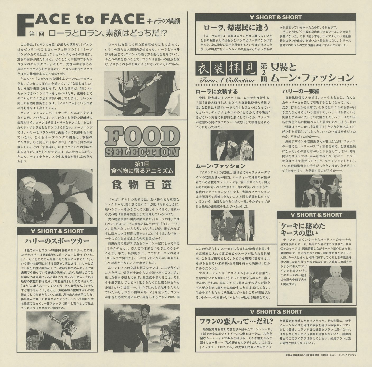 Turn A Journal Volume 2 interior — FACE to FACE: ローラとロラン、素顔はどっちだ!? (Which is the real face — Laura or Loran?); FOOD SELECTION 第1回 食物百選 (Food in Anime, Episode 1), cataloguing every significant food appearance in the series; SHORT & SHORT sections covering character observations, fashion, and sideline details.