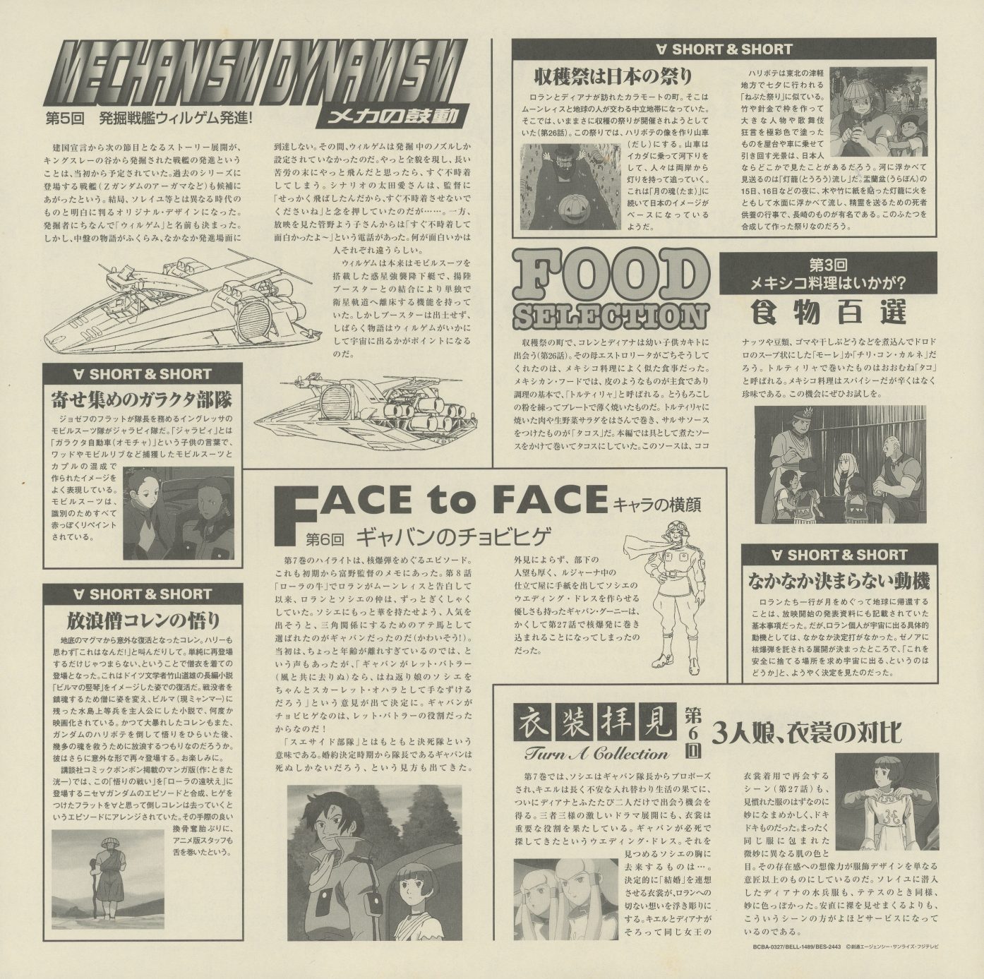 Turn A Journal Volume 7 interior — MECHANISM DYNAMISM 第5回: 発現戦艦ウィルゲム発進! (Warship Willgame Launches!); FOOD SELECTION 第3回: メキシコ料理はいかが? (How About Mexican Cuisine?); FACE to FACE 第6回: ギャバンのチョビヒゲ (Gavane's Thin Mustache); 衣装拝見 第6回: 3人娘、衣裳の初仕事 (Three Girls, Their First Fashion Assignment). Five running features, one disc.