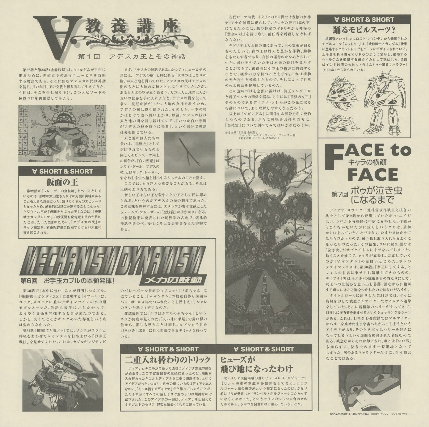 Turn A Journal Volume 8 interior — ∀教養講座 第1回: アデスカ王とその神話 (King Adesuka and His Myth); MECHANISM DYNAMISM 第6回: お手玉カプルの本領発揮 (Capule's True Capability); FACE to FACE 第7回: ボゥが泣き虫になるまで (How Boo Became a Crybaby). The cultural lecture series begins here — cross-referencing the show's invented mythology against Earth history.