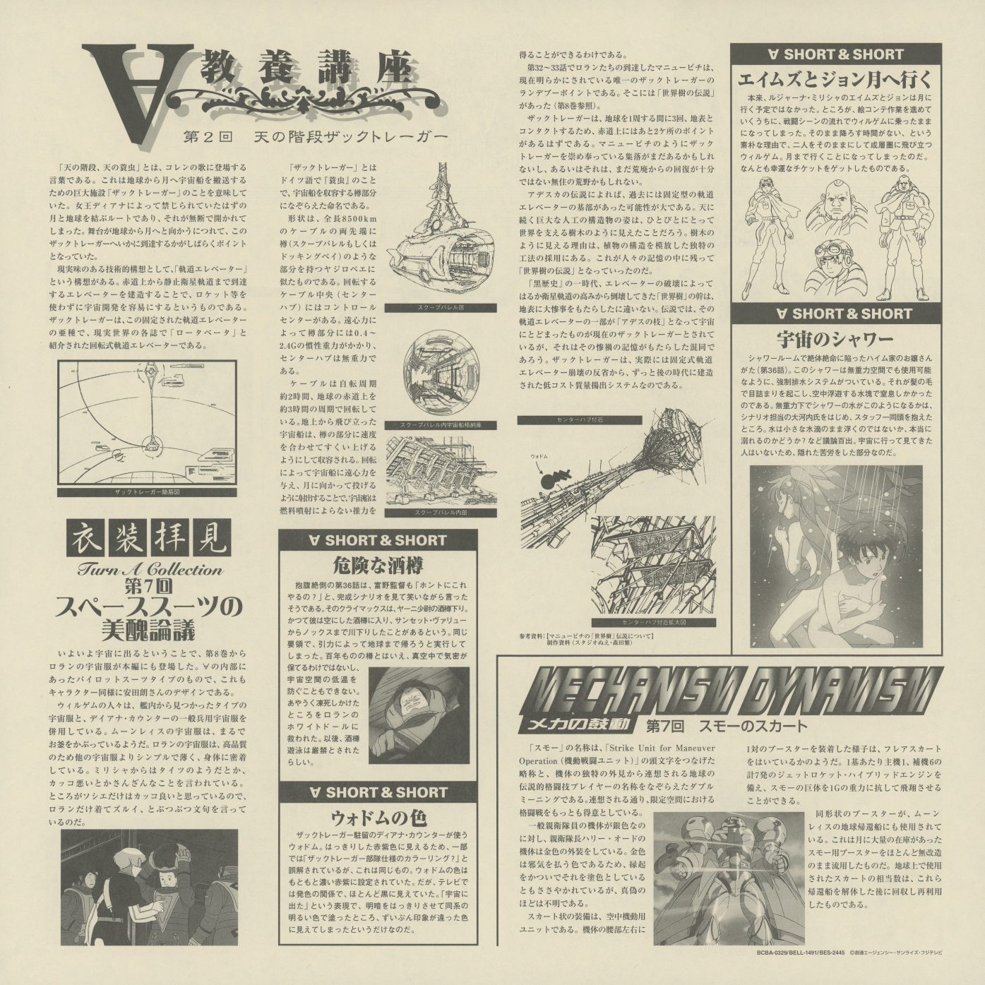 Turn A Journal Volume 9 interior — ∀教養講座 第2回: 天の階段ザックトレーガー (The Stairway to Heaven: Zackträger); 衣装拝見 第7回: スペーススーツの美醜論 (The Aesthetics of Spacesuits); MECHANISM DYNAMISM 第7回: スモーのスカート (Sumo's Skirt). By vol.9 the show has moved to space, and the Journal's fashion column pivots from earth couture to EVA design.