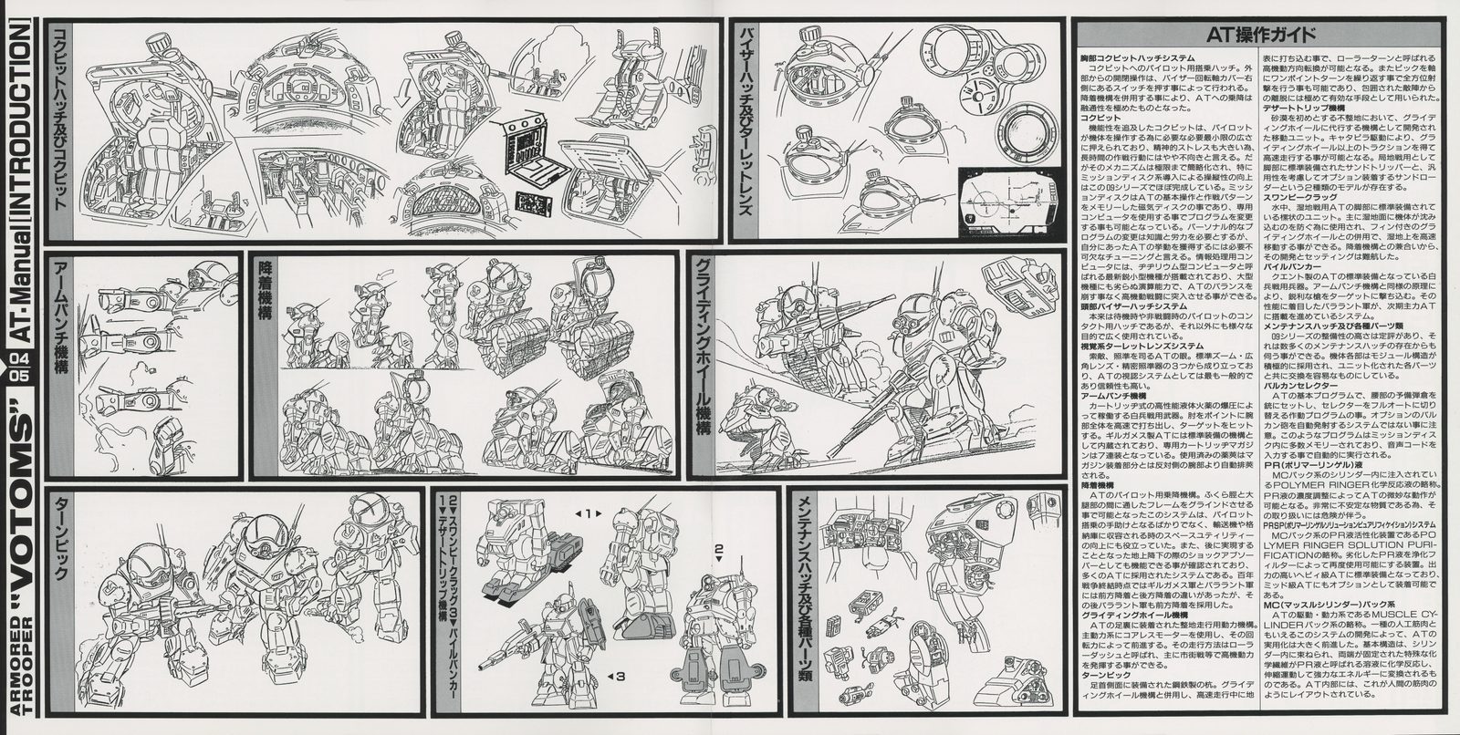 AT Manual — cockpit systems spread. Top: multiple cockpit interior diagrams showing instrumentation and pilot positioning. Center: detailed AT articulation studies. Bottom: additional cockpit and hatch schematics. Right column: expanded AT operational guide continuation.