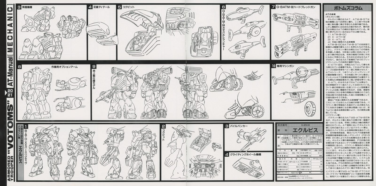 AT Manual — Eclubus entry. D-BATM-6A hand-held rocket launcher and climbing arm system. Bailvenger configuration. Eclubus's four-legged spider-type form factor distinguished from the bipedal AT standard.