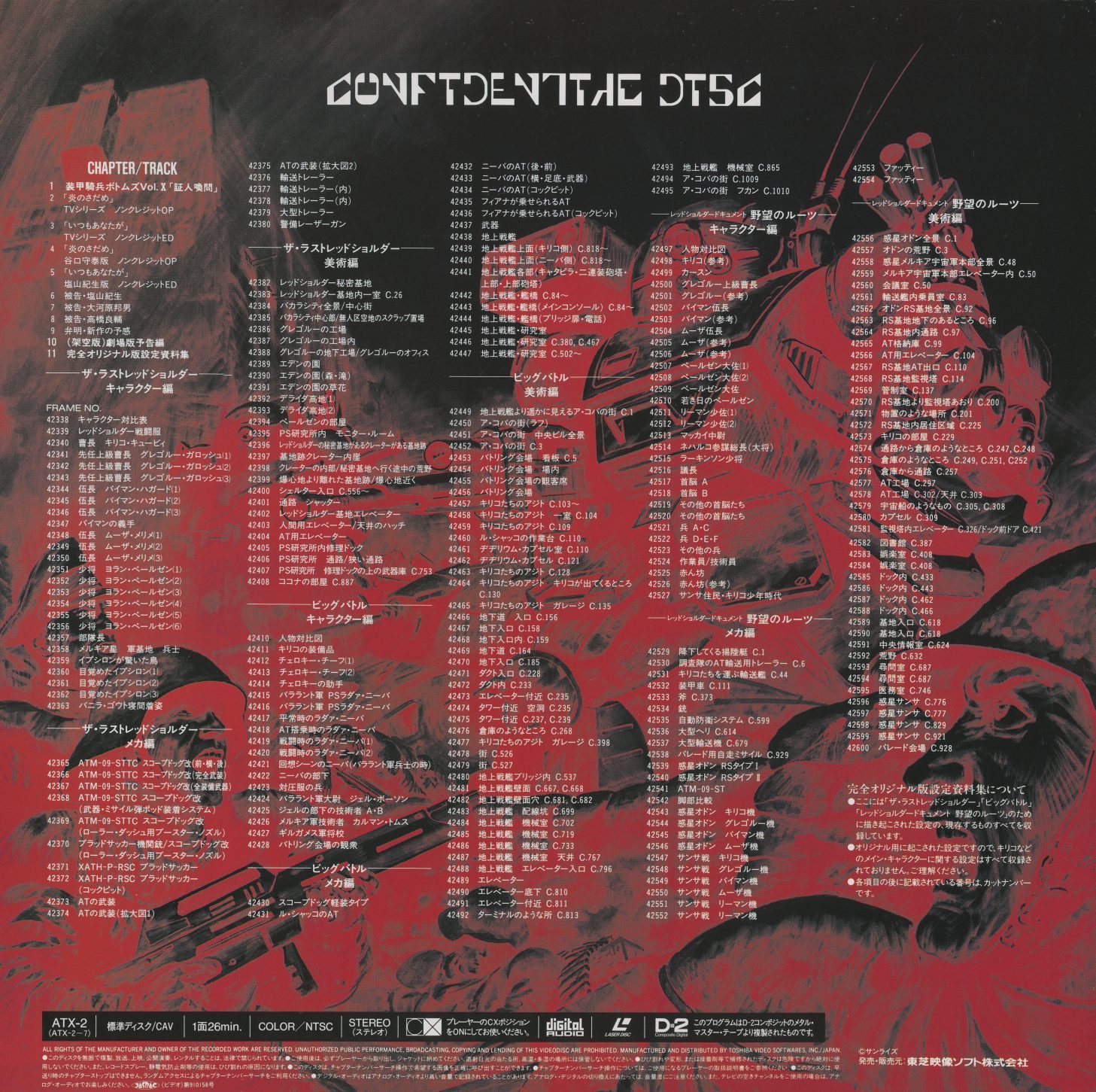 CONFIDENTIAL DISC reverse. Full chapter/frame index for the complete ATX-2 set. Organized by arc: TV series Vol. I/II, The Last Red Shoulder, Woodo/Kummen, Big Battle, Sunsa/Quaint, Root of Ambition. Sub-indexed by character frames (キャラクター編), mecha frames (メカ編), and scene documentation. ATX-2/CAV / 1h26min.