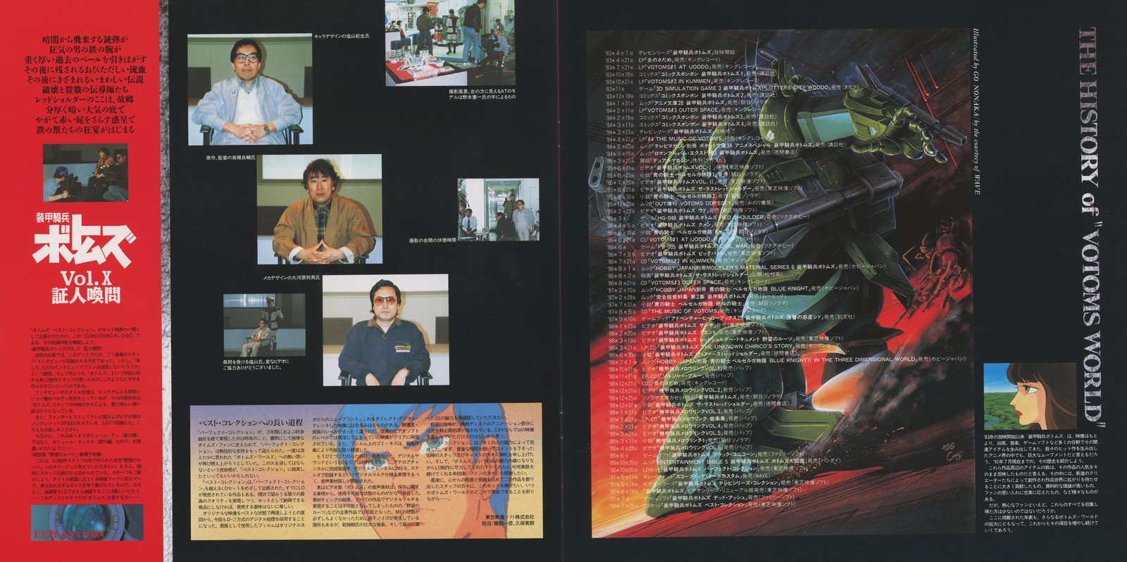 Perfect Manual — 'The History of Votoms World' spread with director portraits (left). Right: full-page key visual with THE HISTORY of 'VOTOMS WORLD' header and dense timeline text. Two production staff photographs, identified in caption text.
