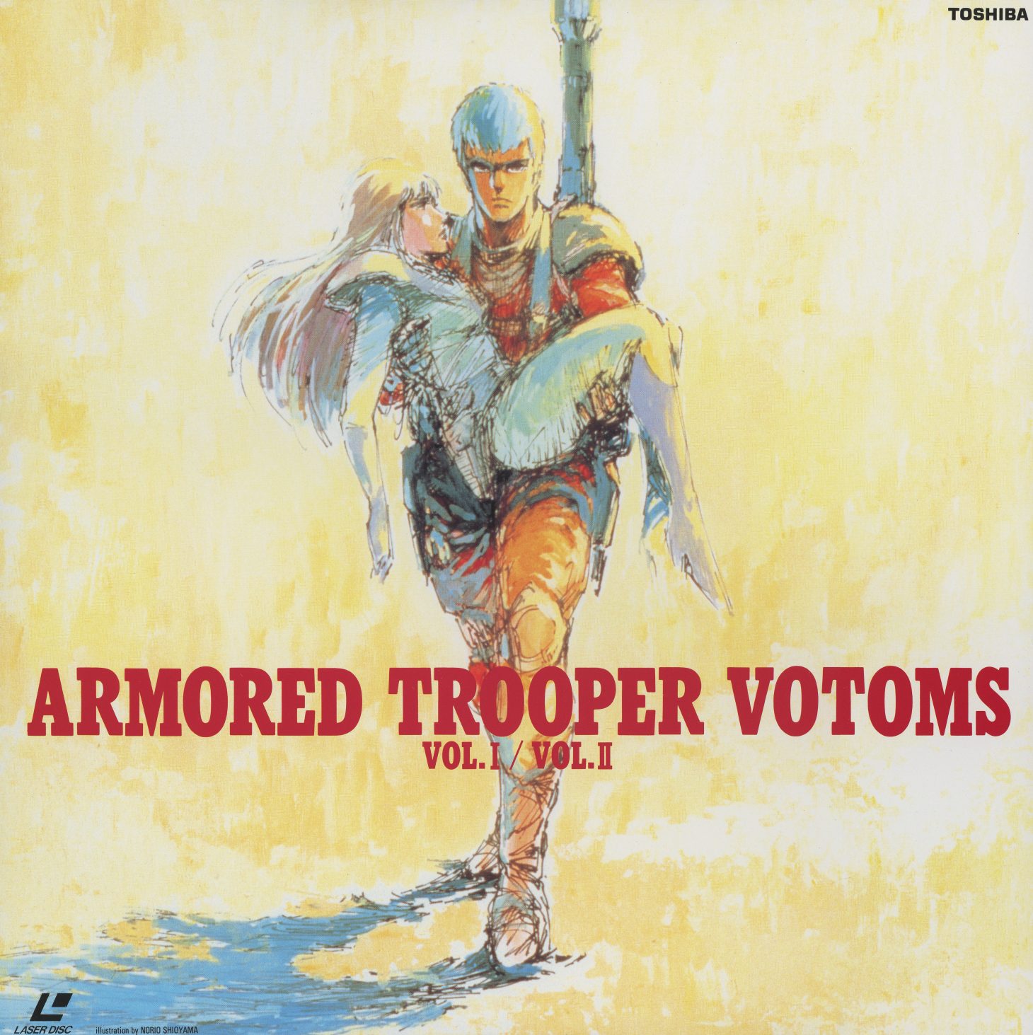 Armored Trooper Votoms Vol. I / Vol. II — front jacket. Illustration by Norio Shioyama (塩山紀生), character designer for the TV series. Chirico carrying Fiana Geenberry. Published by Toshiba Video Softwares.