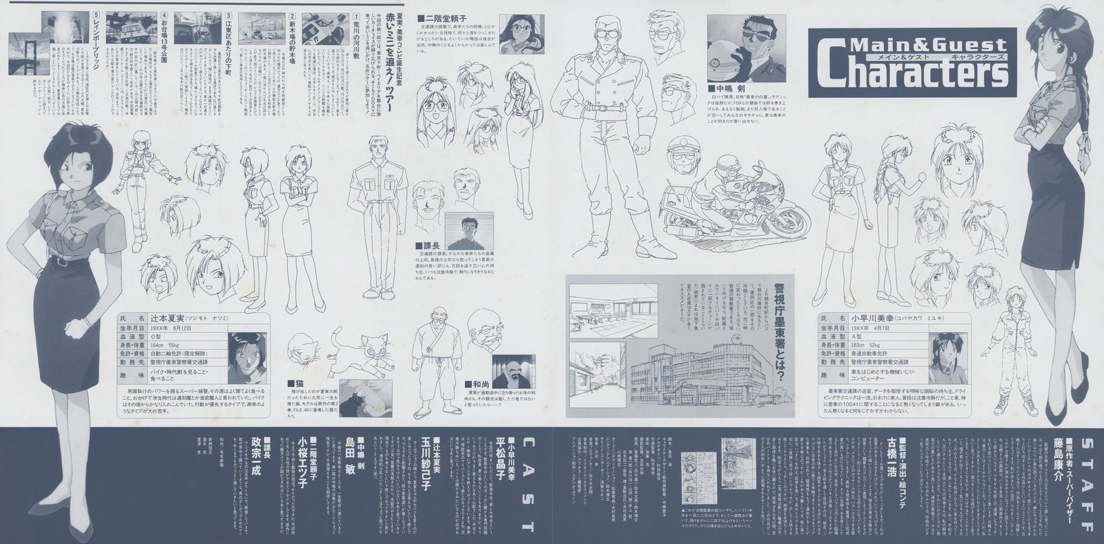 File 1 booklet — 'Main & Guest Characters' settei spread with Cast and Staff listing. Character design: Atsuko Nakajima. Director: Kazuhiro Furuhashi. Animation production: Studio Deen. Full episode guest character profiles and mechanical designs.